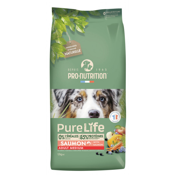 Ração sem cereais para cães Medium Adult Pure Life Flatazor Pro Nutrition 12kg