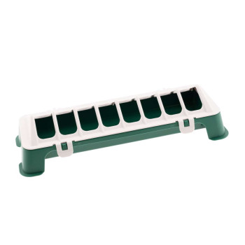 Comedero lineal verde y blanco de 30 cm para pollitos
