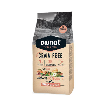 OWNAT Just Grain Free Adult sem cereais com salmão e frutos do mar para cão adulto 3kg