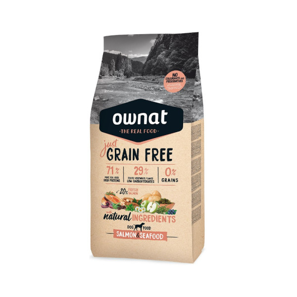 OWNAT Just Grain Free Adult sin cereales con salmón y mariscos para perro adulto 3kg