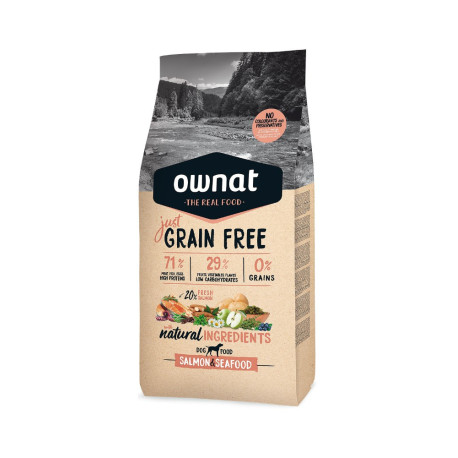 OWNAT Just Grain Free Adult sem cereais com salmão e frutos do mar para cão adulto 3kg