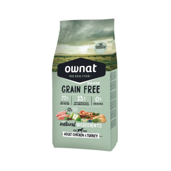 OWNAT PRIME Grain Free Adult sem cereais com frango e peru para cão adulto 12kg