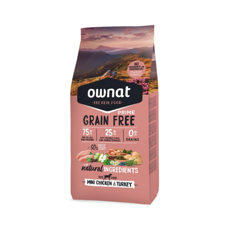 OWNAT PRIME Grain Free Adult Mini sin cereales con pollo y pavo para perro pequeño adulto 3kg